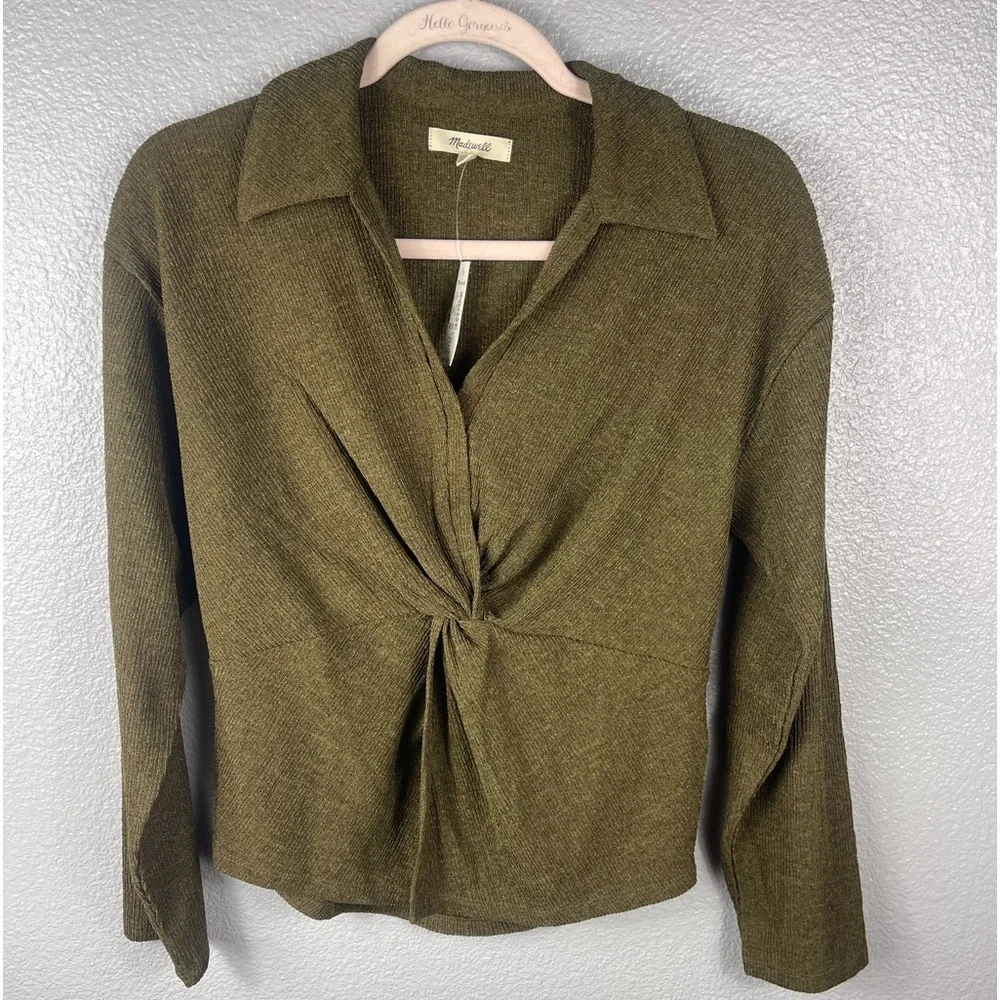 NWT Madewell Twist Front Long Sleeve Shimmery Top Womens S Green Button Mature - Picture 4 of 13